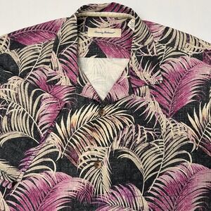 Tommy Bahama Men's Large Silk Hawaiian Shirt Purple Tropical Palm Leaf Button Up